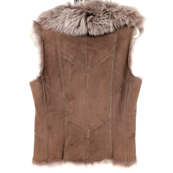 VTG Elie Tahari Shearling Suede Fur Trim Vest Toggle Closure Tan Boho Western MD - Picture 6 of 12